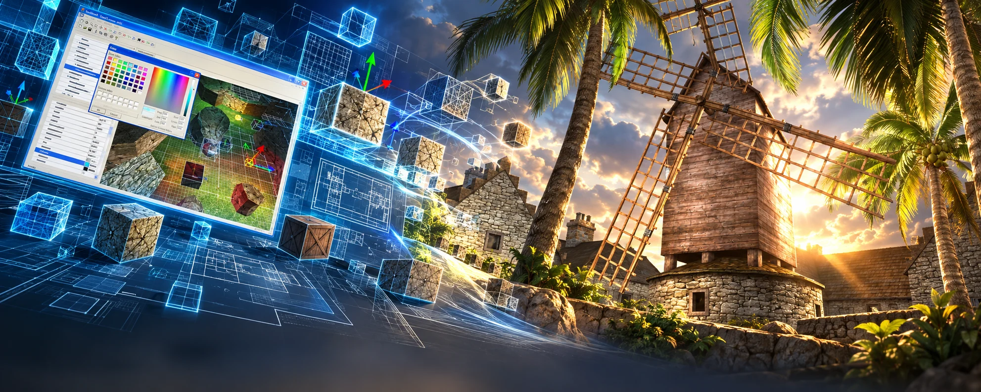 Illustrated montage joining the original CAGE editor on the left with the CAGE 2.0 windmill environment on the right