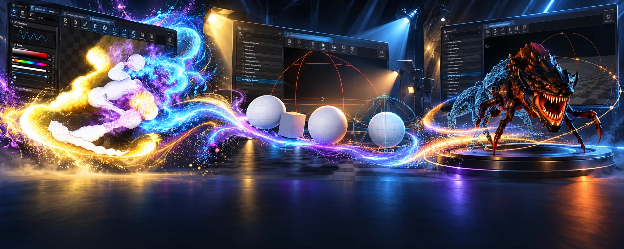 Illustrated composition incorporating FX Painter, Studio Editor, and Studio Viewer previews