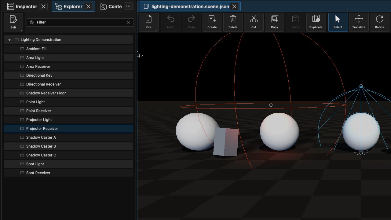 Editor displaying the lighting demonstration scene with scene hierarchy and material controls.