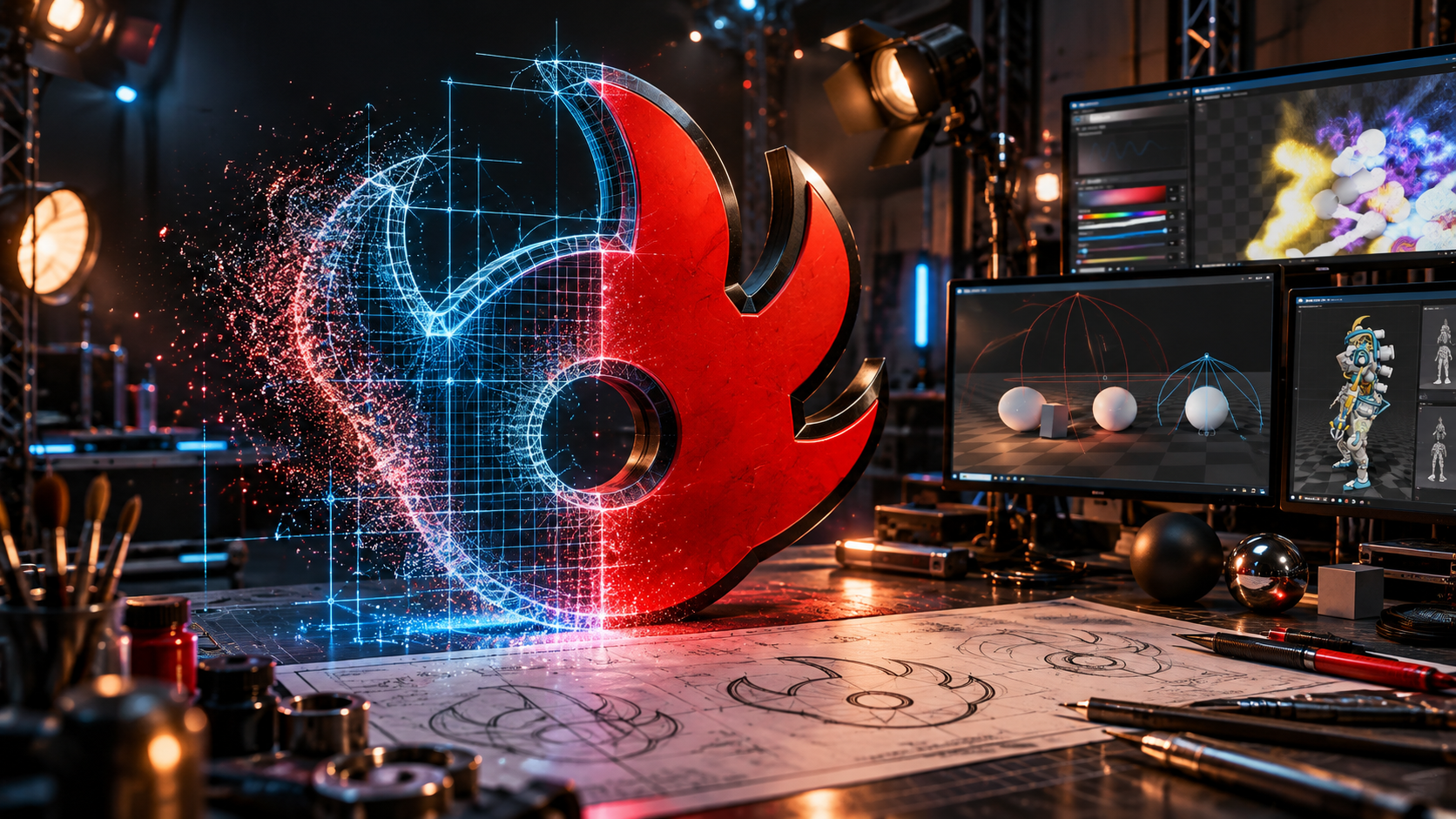 The BeastWorks emblem materializing from particles and blueprint wireframe into a finished studio prop.