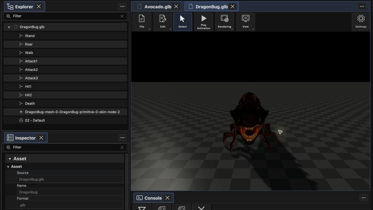 Viewer inspecting the animated DragonBug creature with its animation list, material, grid, and visible shadow.